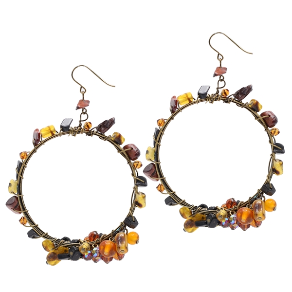 Fashion Dark Multi-Colored Stones & Translucent Beads Wired Bronze-Toned Fish Hook Earrings