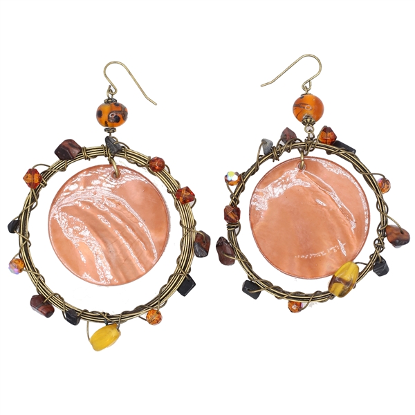 Fashion Dark Multi-Colored Stones & Translucent Beads Wired Bronze-Toned Fish Hook Earrings