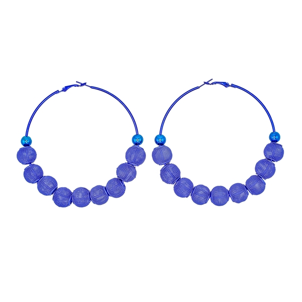 Fashion-Forward Royal Blue Wire Mesh Ball Beaded Omega Back Hoop Earrings