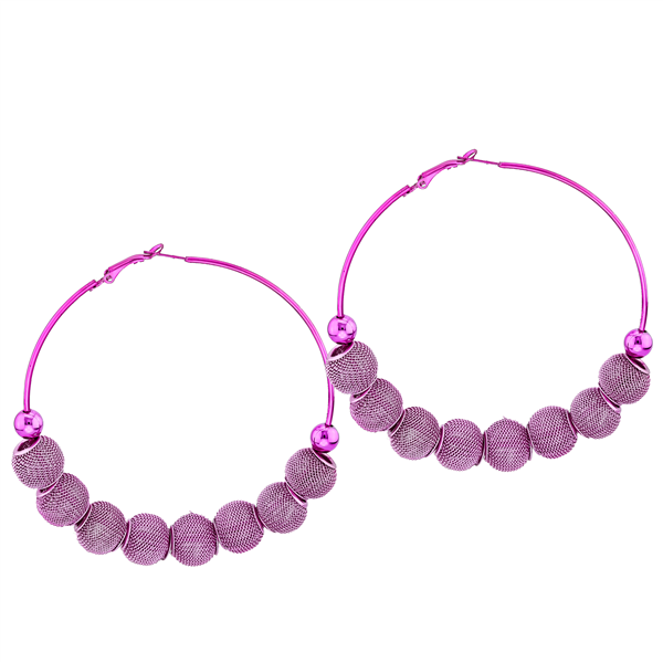 Fashion-Forward Fuchsia Wire Mesh Ball Beaded Omega Back Hoop Earrings