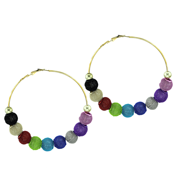 Fashion-Forward Multi-Colored Wire Mesh Ball Beaded Omega Back Hoop Earrings