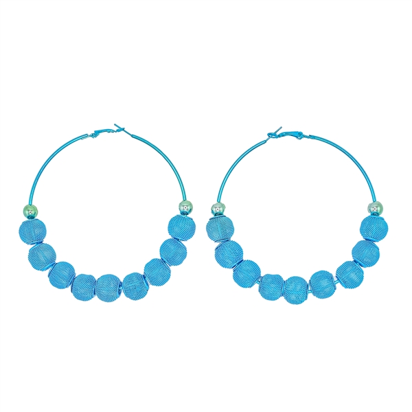 Fashion-Forward Turquoise Wire Mesh Ball Beaded Omega Back Hoop Earrings