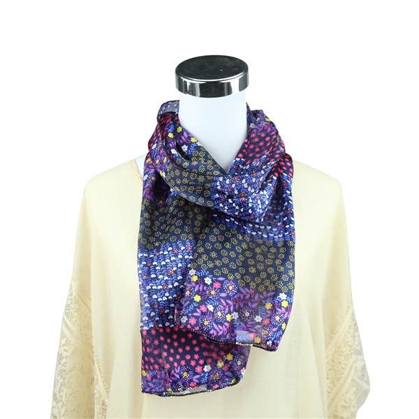 Flourished Repetitive Floral Printed Navy Silk Scarf