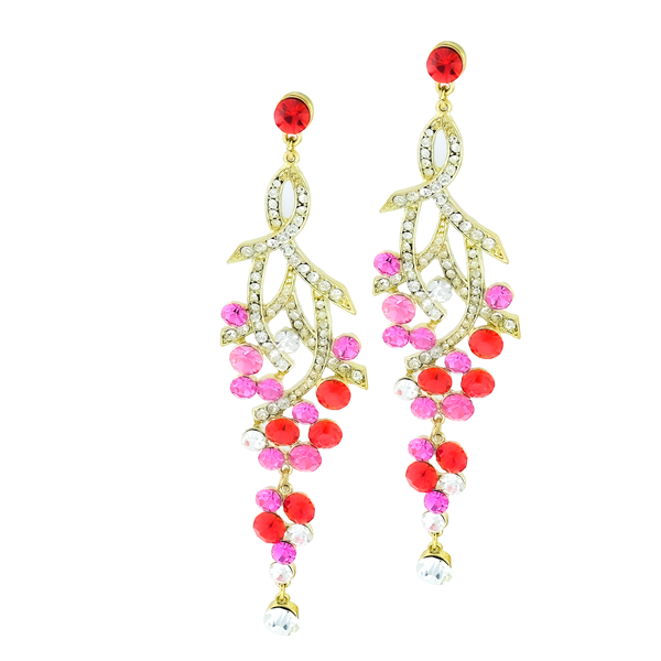 Gorgeous Sparkling Red, Pink & Clear Crystals Ribbon Gold Toned Stud Dangle Earrings