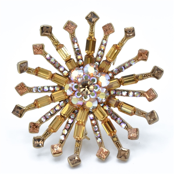 Sparkling Colored Crystals Gold Toned Sunburst Fashion Brooch