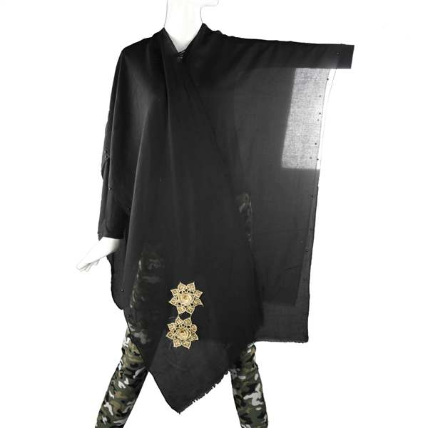 Golden Sewn Flower Black Lightweight Poncho