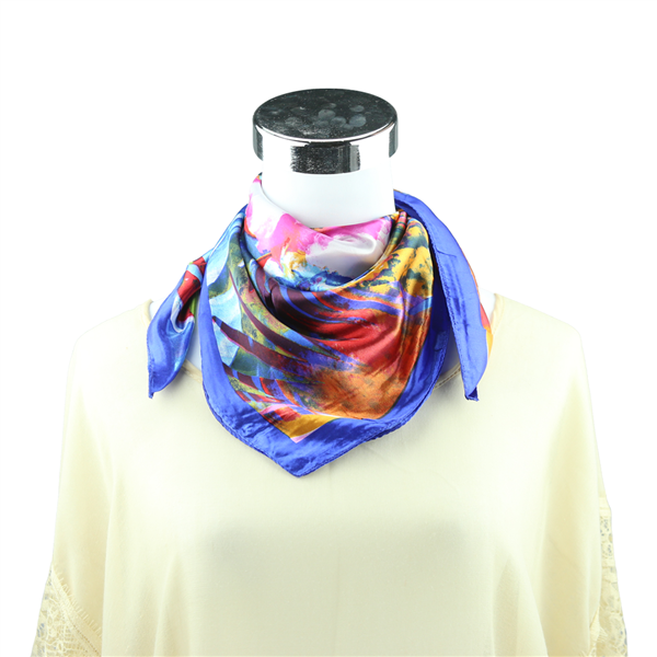 Colorful Watercolor Flower Printed Silk Royal Blue Neckerchief