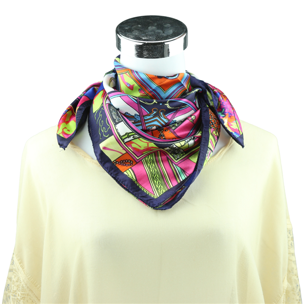 Colorful Collage Printed Silk Navy Neckerchief