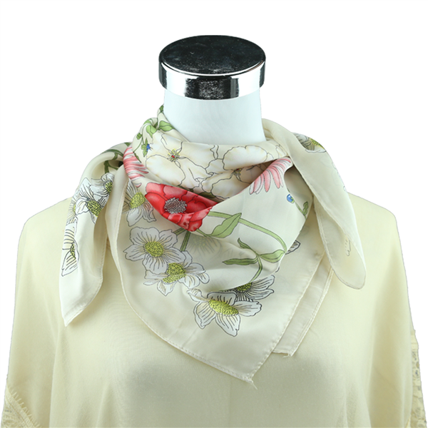 Coral, Pink & Green Floral Printed Silk Ivory Neckerchief