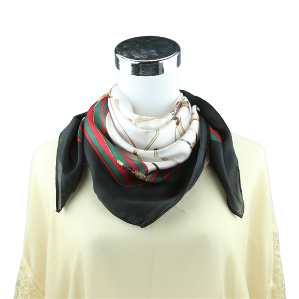 Gold, Red & Green Tassel Printed Silk Black Neckerchief