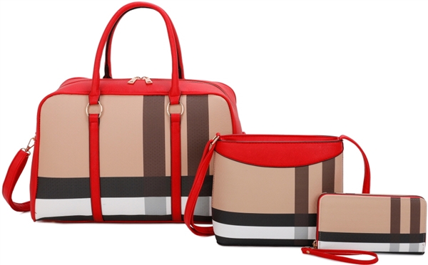 Fashion Red Faux Leather Plaid Medium-Sized Duffle Style Satchel Set