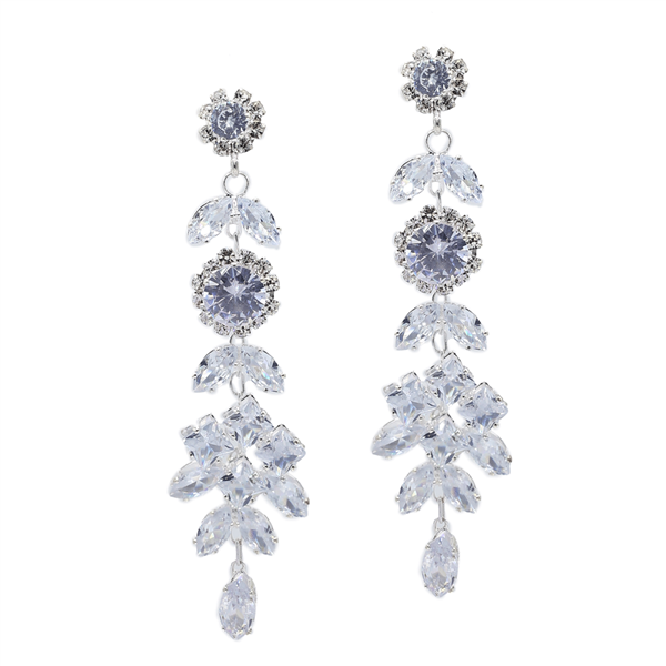 Elegant Sparkling Diamond Crystal Silver-Toned Stud Dangle Drop Earrings