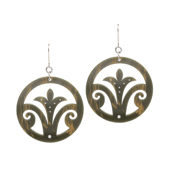 Fashion Lightweight Olive Green & Gold Decorative Cut-Out Acrylic Crystal Charm Silver Toned Fish Hook Earrings