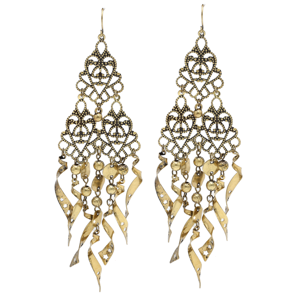 Stylish Gold-Tone Beads & Charms Filigree Design Gold-Tone Fish Hook Chandelier Earrings