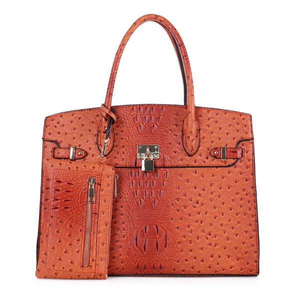 Orange Faux Alligator Skin Clone Shoulder Tote Handbag Set