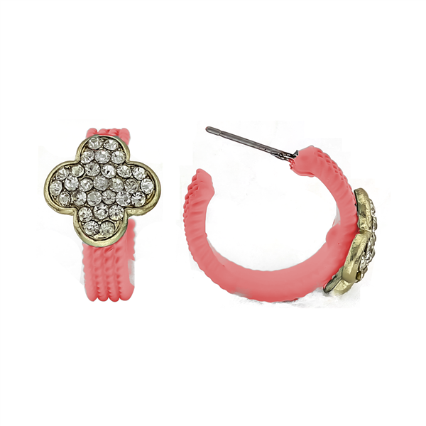 Sparkling & Soft Rubber Crystal Gold Toned Quatrefoil Coral Stud Earrings