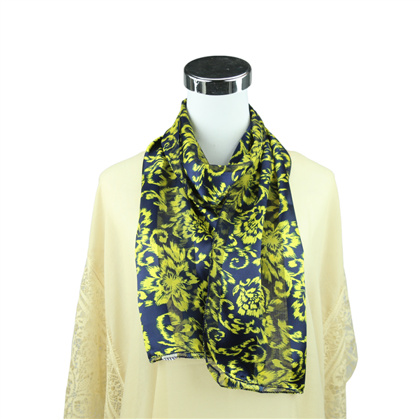 Yellow Stretched Sketched Floral Pattern Printed Navy Silk Scarf