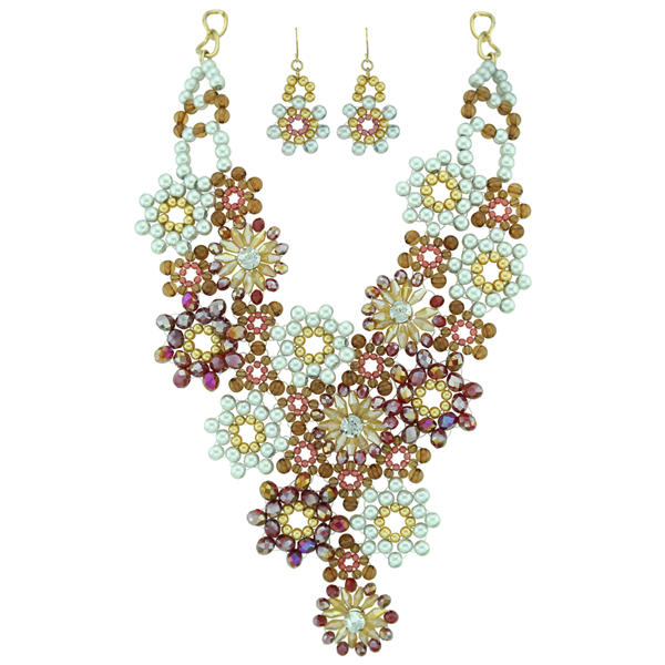 Spring Fling Red Floral Iridescent Crystal Colorful Beaded Gold Toned Fish Hook Necklace Set