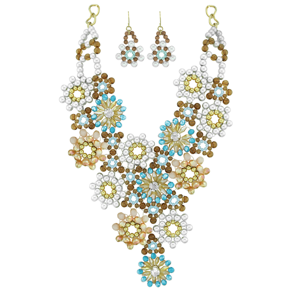 Spring Fling Turquoise Floral Iridescent Crystal Colorful Beaded Gold Toned Fish Hook Necklace Set