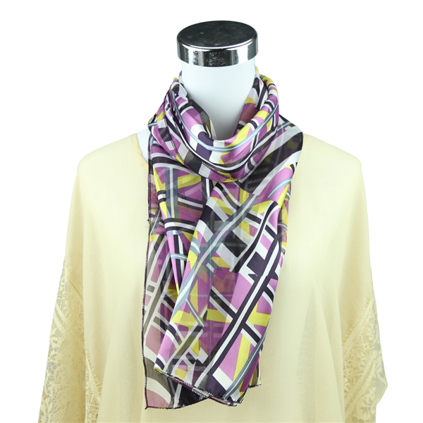 Stylish Squared Pattern Print Purple Silk Scarf