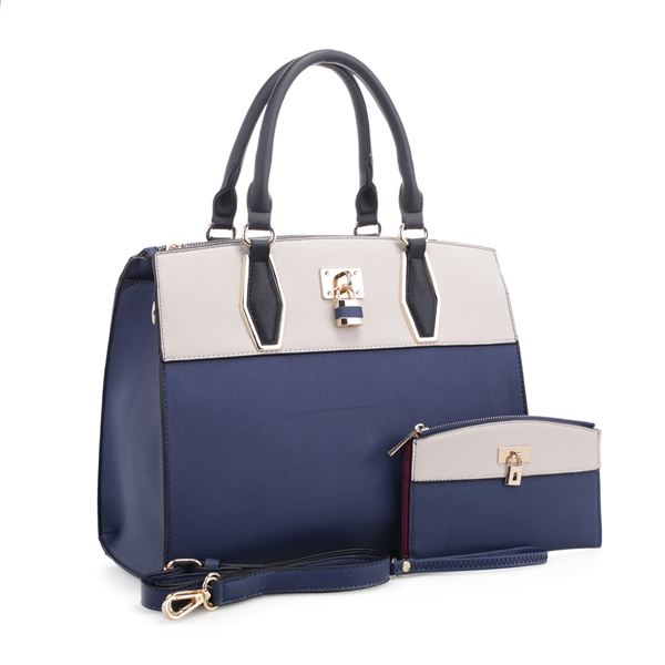Two-Tone Navy & Beige Everyday Essential Shoulder Tote Handbag Set