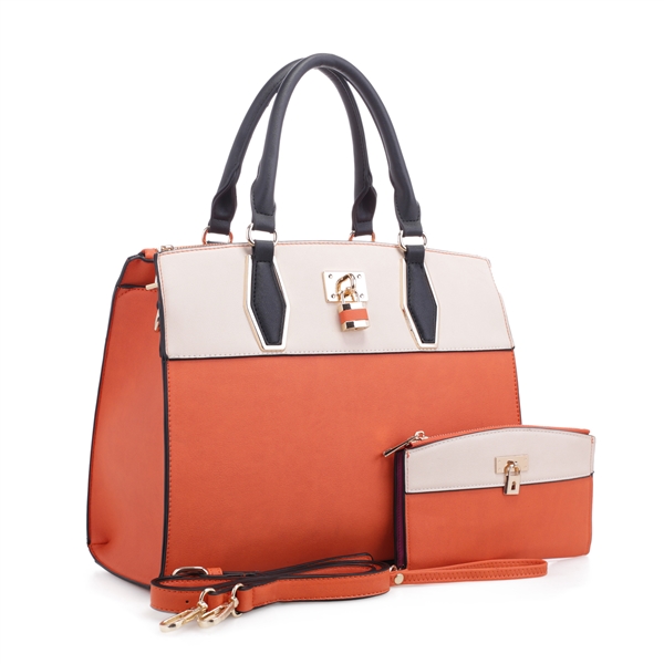 Two-Tone Orange & Beige Everyday Essential Shoulder Tote Handbag Set