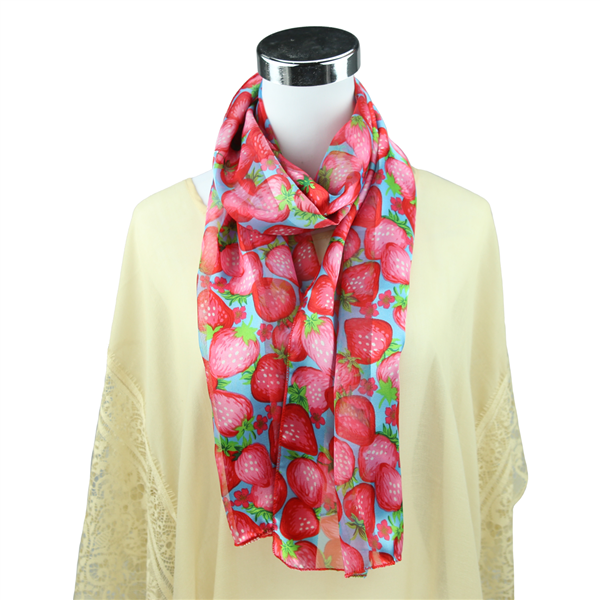 Pretty Pink & Red Strawberry Print Light Blue Silk Scarf