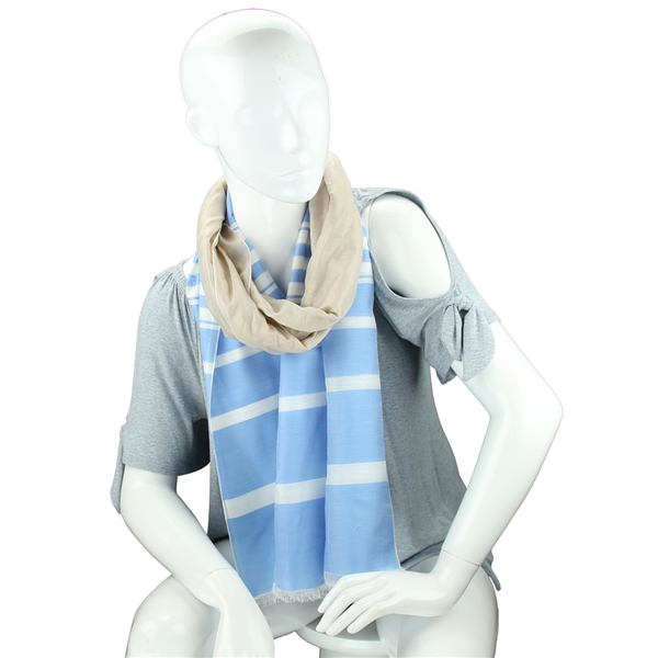Fashionable Stylish Two-Tone Light Blue & Beige White Striped Fringed Scarf