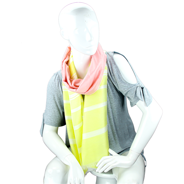 Fashionable Stylish Two-Tone Yellow & Light Pink White Striped Fringed Scarf