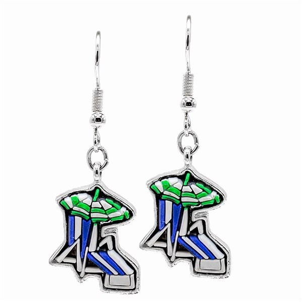 Fashion Rubber Navy, Green, & White Striped Beach Chair Umbrella Silver-Toned Fish Hook Earrings