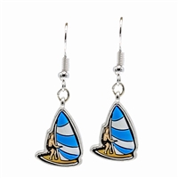 Fashion Rubber Blue, Yellow, & White Striped Sailboat & Man Silver-Toned Fish Hook Earrings