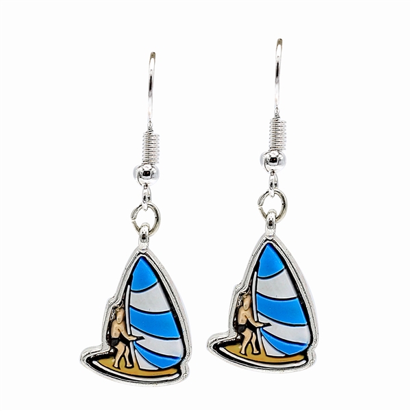 Fashion Rubber Blue, Yellow, & White Striped Sailboat & Man Silver-Toned Fish Hook Earrings