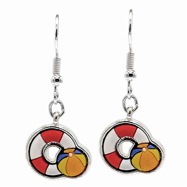 Fashion Rubber Multi-Colored Lifebuoy Ring and Beach Ball Silver-Toned Fish Hook Earrings