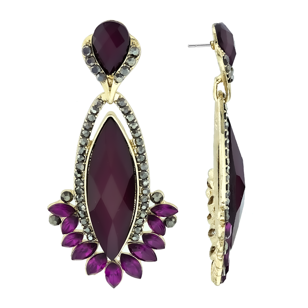 Unique Stylish Amethyst Purple Crystal Stone Drop Gold-Toned Stud Earrings
