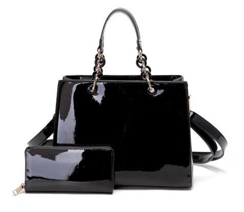 Fashion Black Patent Leather Satchel Handbag Set