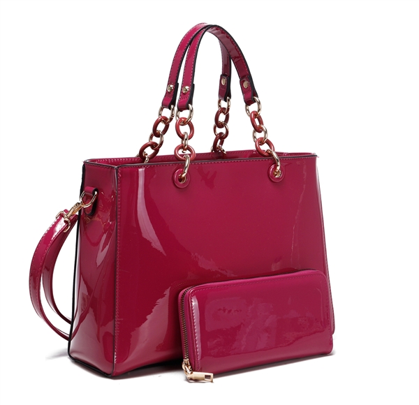 Fashion Plum Patent Leather Satchel Handbag Set