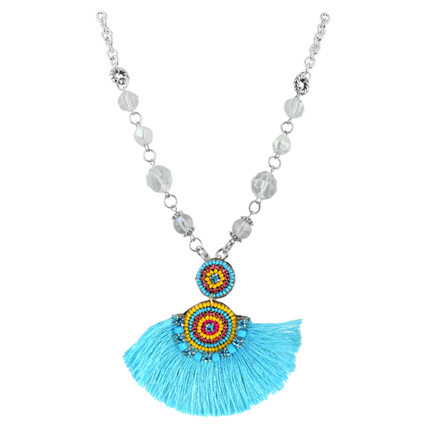 Turquoise Colored Tassel Colorful Crystals & Beads & Clear Crystal Beaded Silver Necklace