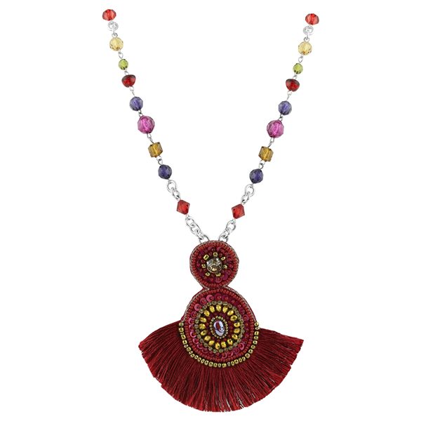 Burgundy Colored Tassel Colorful Crystals & Beads & Colorful Crystal Beaded Silver Necklace