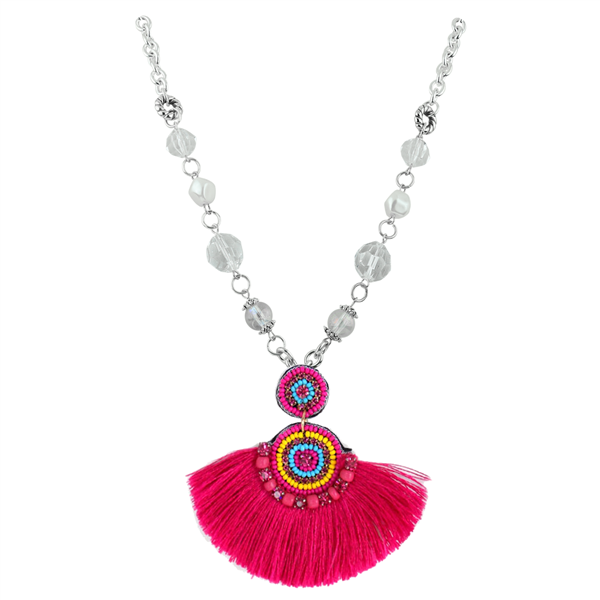 Fuchsia Colored Tassel Colorful Crystals & Beads & Clear Crystal Beaded Silver Necklace