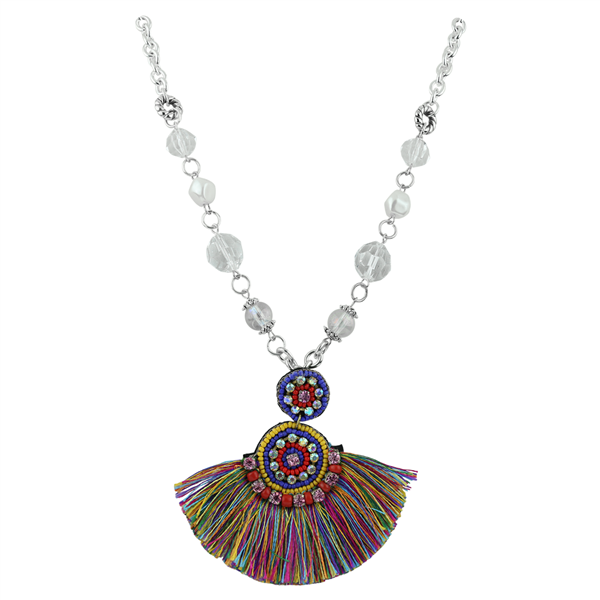 Multi-Colored Tassel Clear Crystals & Clear Crystal Beaded Silver Necklace