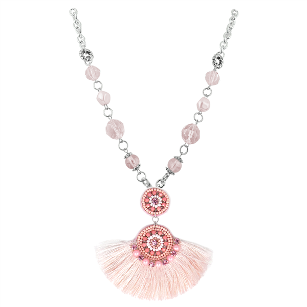 Light Pink Colored Tassel Pink Crystals & Beads & Pink Crystal Beaded Silver Necklace