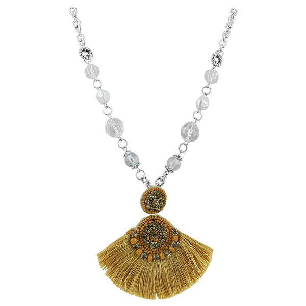 Gold Colored Tassel Clear Crystals & Clear Crystal Beaded Silver Necklace