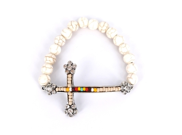 Stylish Beaded Crystal Cross Charm Natural Stone Bead Stretch Bracelet