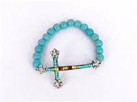 Stylish Beaded Crystal Cross Charm Turquoise Stone Bead Stretch Bracelet