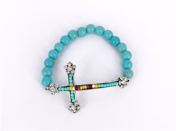 Stylish Beaded Crystal Cross Charm Turquoise Stone Bead Stretch Bracelet