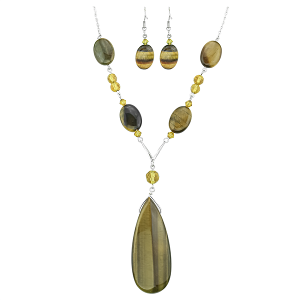 Stylish Brown Mix Oval Stone & Yellow Beads Silver Post Dangle Earrings & Lobster Clasp Necklace Set