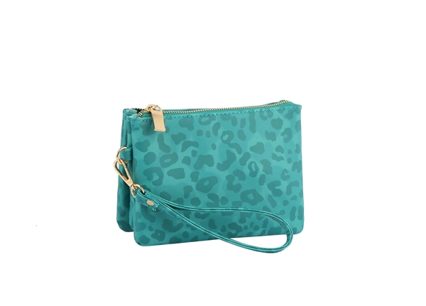 Stylish Turquoise Faux Leather Leopard Print Design Fashion Wristlet Clutch