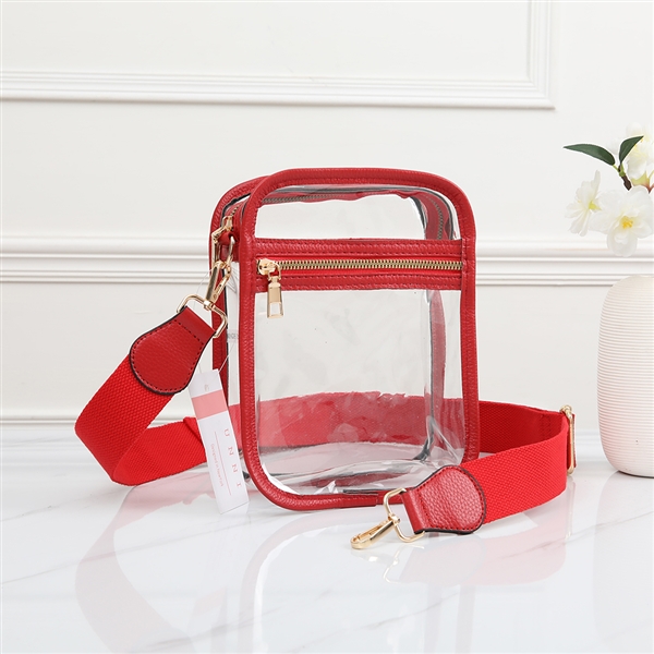 Fashion Transparent Red Faux Leather Trim Game Day Shoulder Crossbody Bag