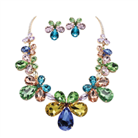 Gorgeous Sparkling Multi-Colored Crystals & Stones Gold-Toned Crystal Chain Lobster Clasp Necklace Set