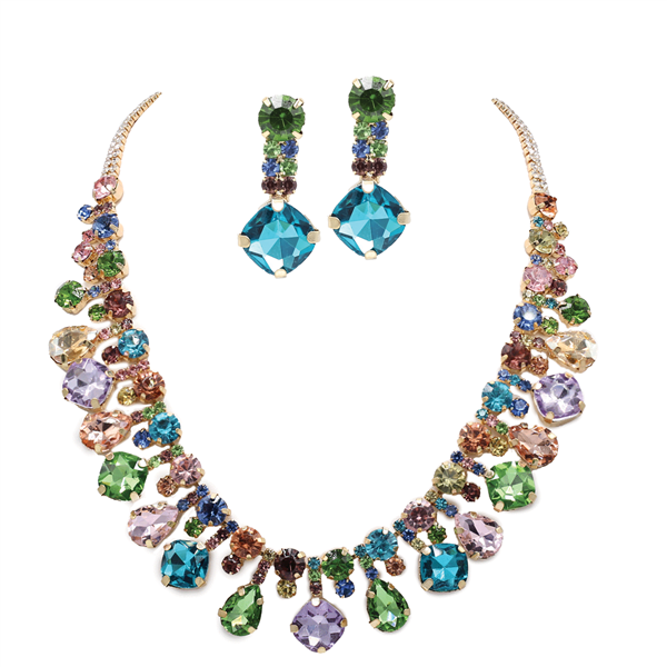 Gorgeous Sparkling Multi-Colored Crystals & Stones Gold-Toned Crystal Chain Lobster Clasp Necklace Set